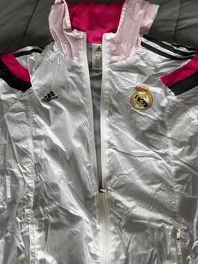 Rare 2014 Adidas Real Madrid White Windbreaker Jacket with Pink Accents